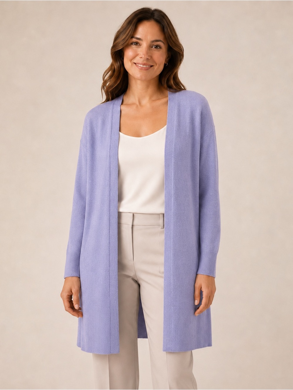 Ann Taylor Lavender thin Long Open Front linen blend ? Cardigan Medium as is